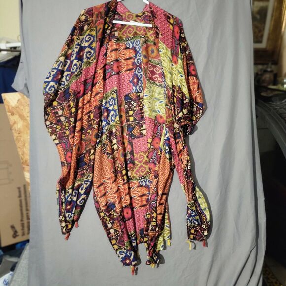 Woven Heart Patchwork Print Kimono Shawl Coverup Kaftan Robe Dress Colorful OS - Picture 6 of 16